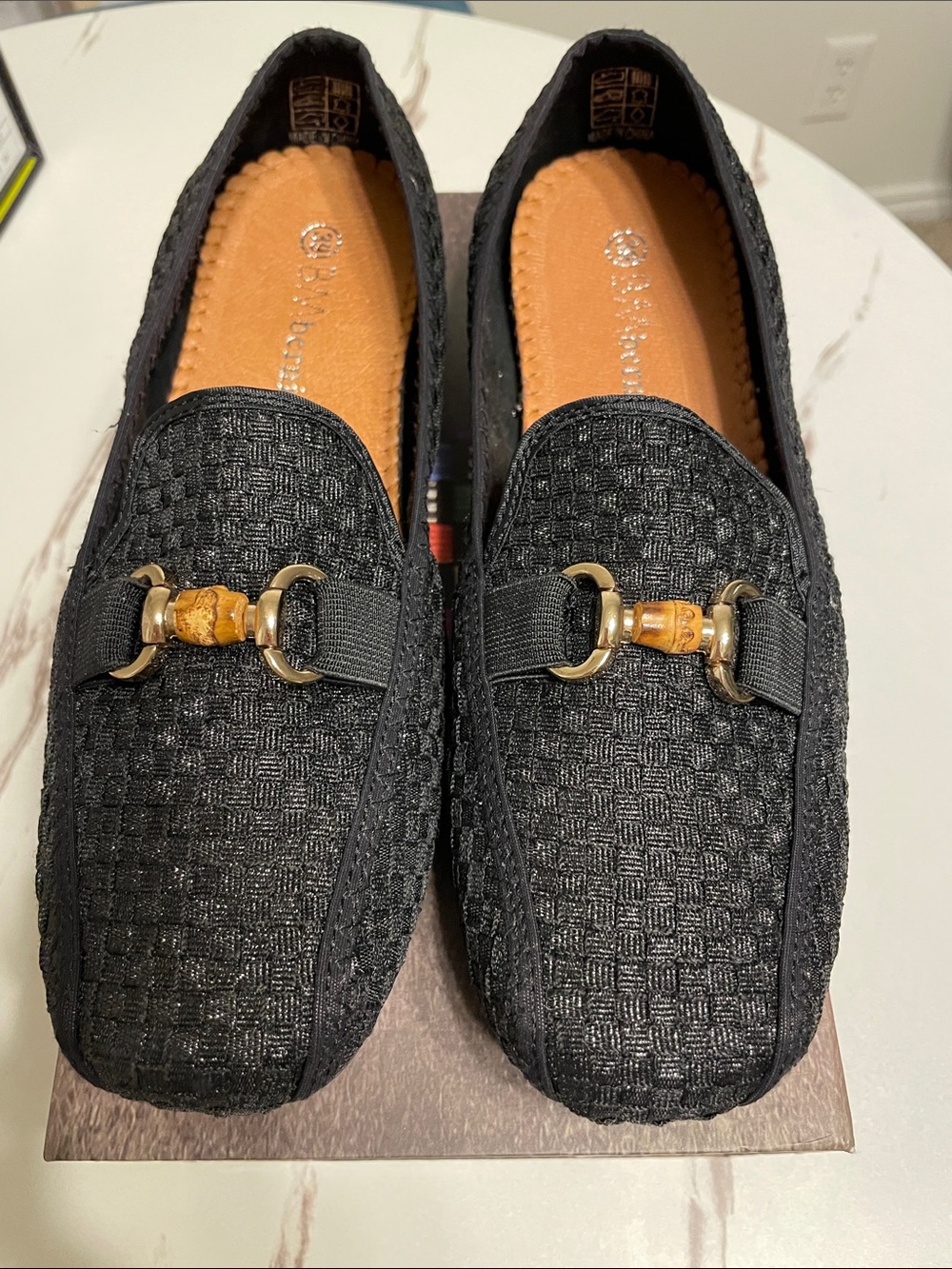 bernie mev. Black Woven Men's Slip-On Loafers with Gold Bit